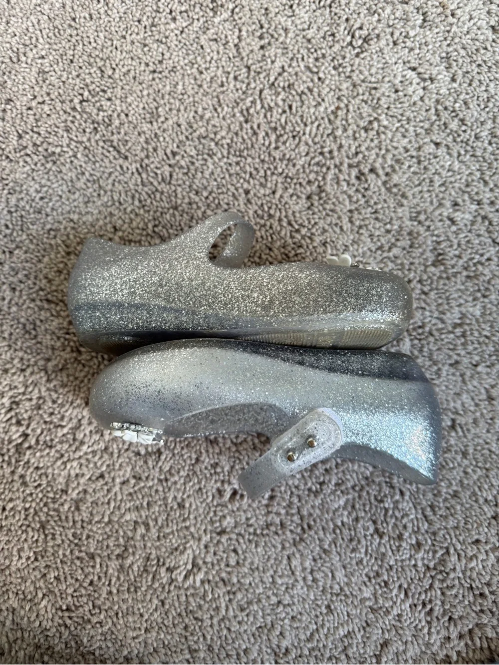 Mini Melissa Silver Glitter Mary Jane Shoes with Flower Accents